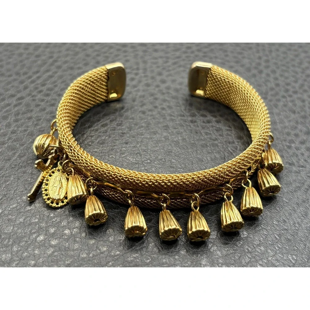 Vintage Mesh Bracelet Cuff Charm Dangle Cross Madonna Medal Gold Tone